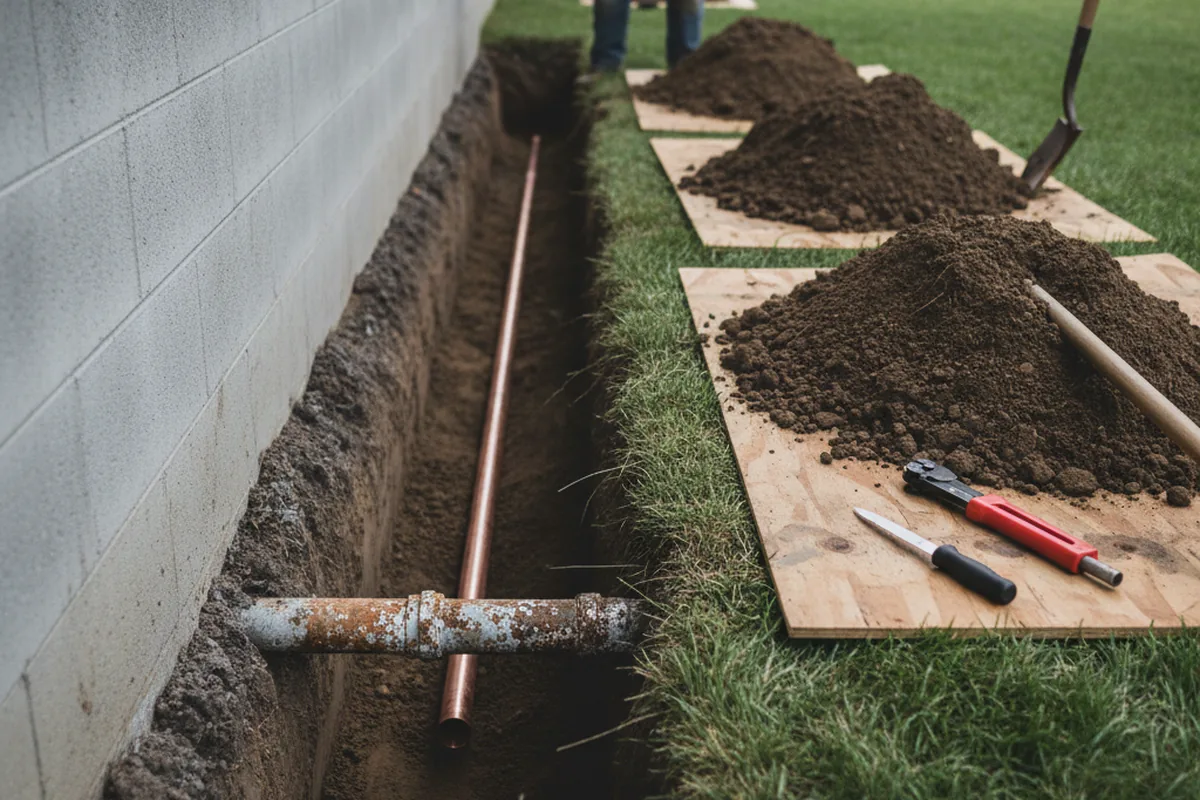 Excavated water line trench during Water Softener Installation in Canfield